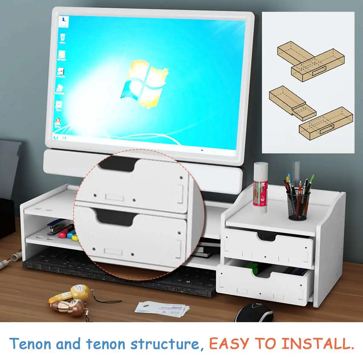 Monitor Laptop Stand PC Computer Support PVC Wood Desktop Shelf Drawers Storage Screen Riser Holder Desk Organizer E
