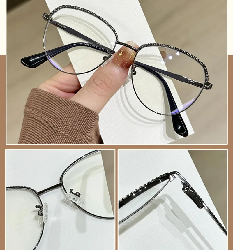 Metal Frame Glasses Versatile Rhinestone Edged Eyeglasses Women Computer Glasses Non-Prescription Anti Blue Light Glasses