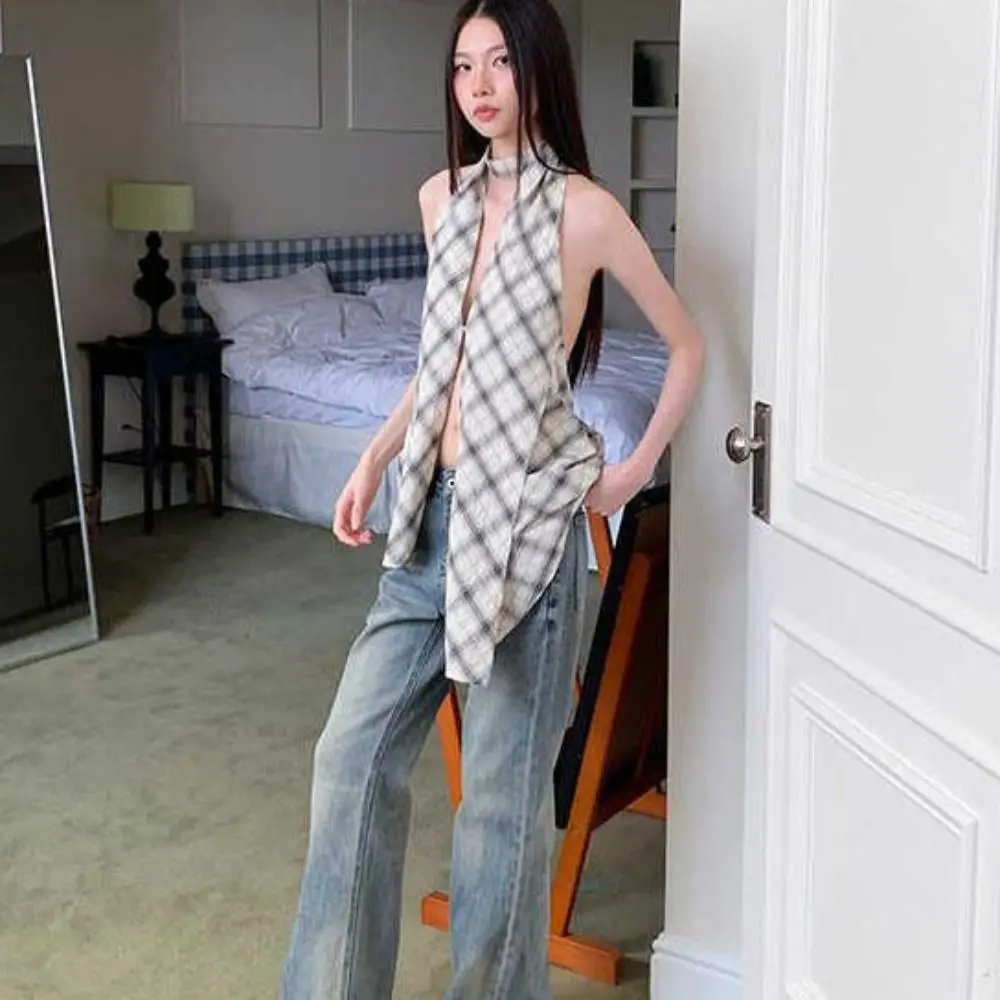 Korean Style Grid Halter Sleeveless Camisole Irregular Split Slim Crop Tops Sweet Summer Suspender Vest Women Girl