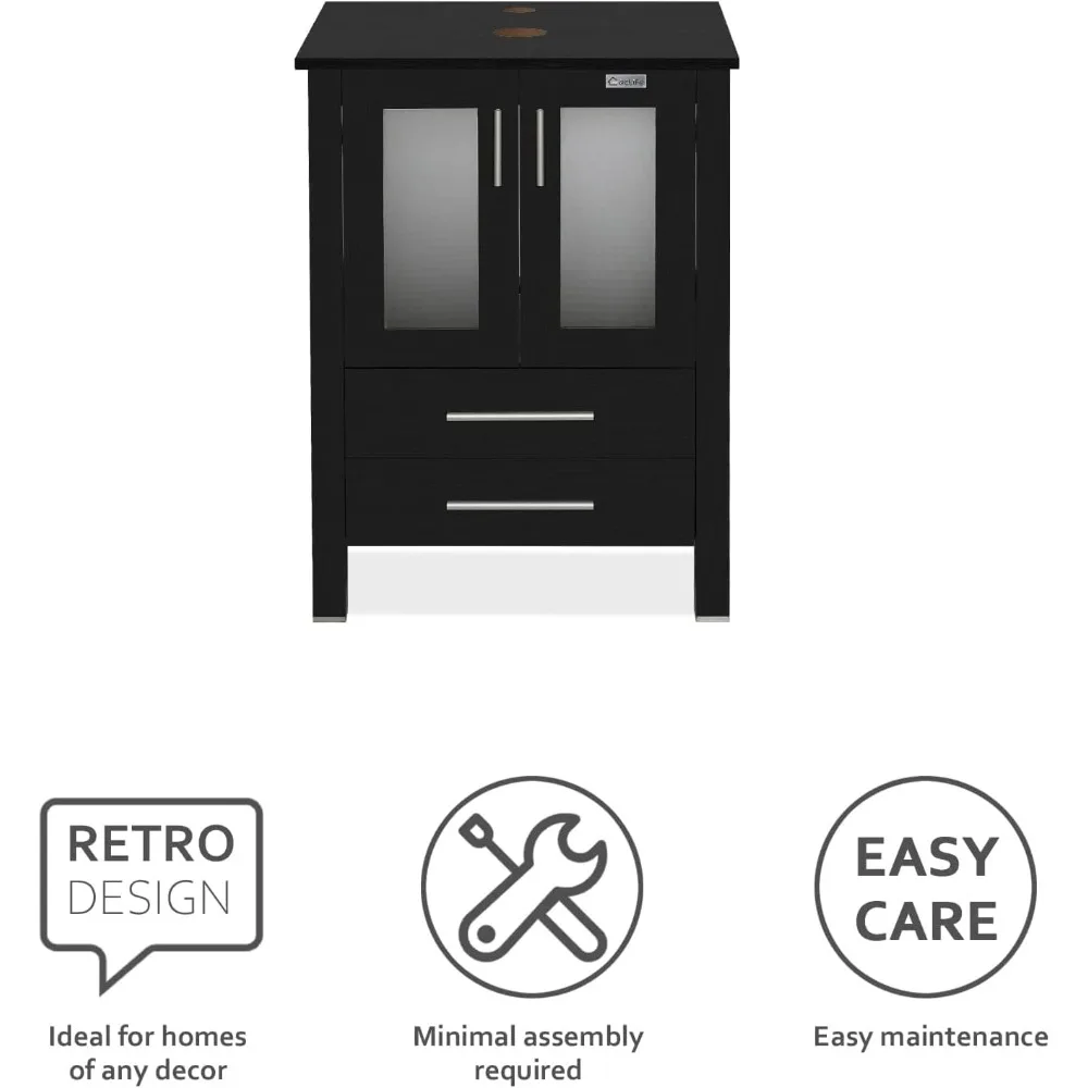 24" Modern Bathroom Vanity Sink Combo Black Stand Cabinet with White Boat Ceramic Vessel Sink & Water Save Faucet & Pop Up Drain 4