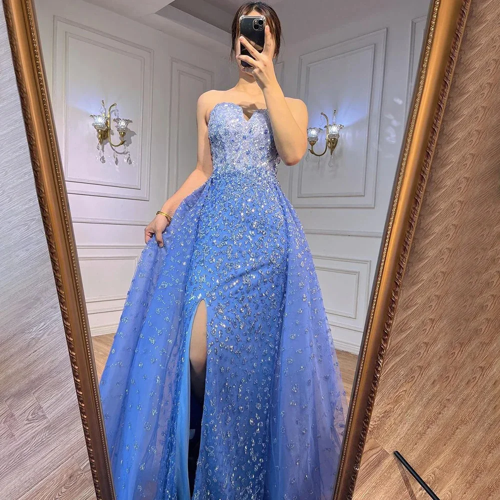 

Blue Mermaid Tulle BeadsSexyOpen Back High Split, Exciting and Grand Occasion Concert Prom Dresses Party Luxury Evening Dress C