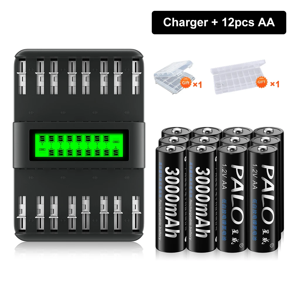 

PALO AA Rechargeable Battery Ni-MH 1.2V NIMH AA Batteries Baterias with 16 Slots Fast Charger for AA/AAA/C/D Size Battery