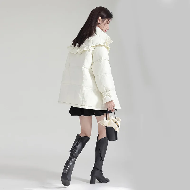 Wooden Ear Edge Down Jacket Women's Winter Stand Collar Flower Design Short Down Jacket