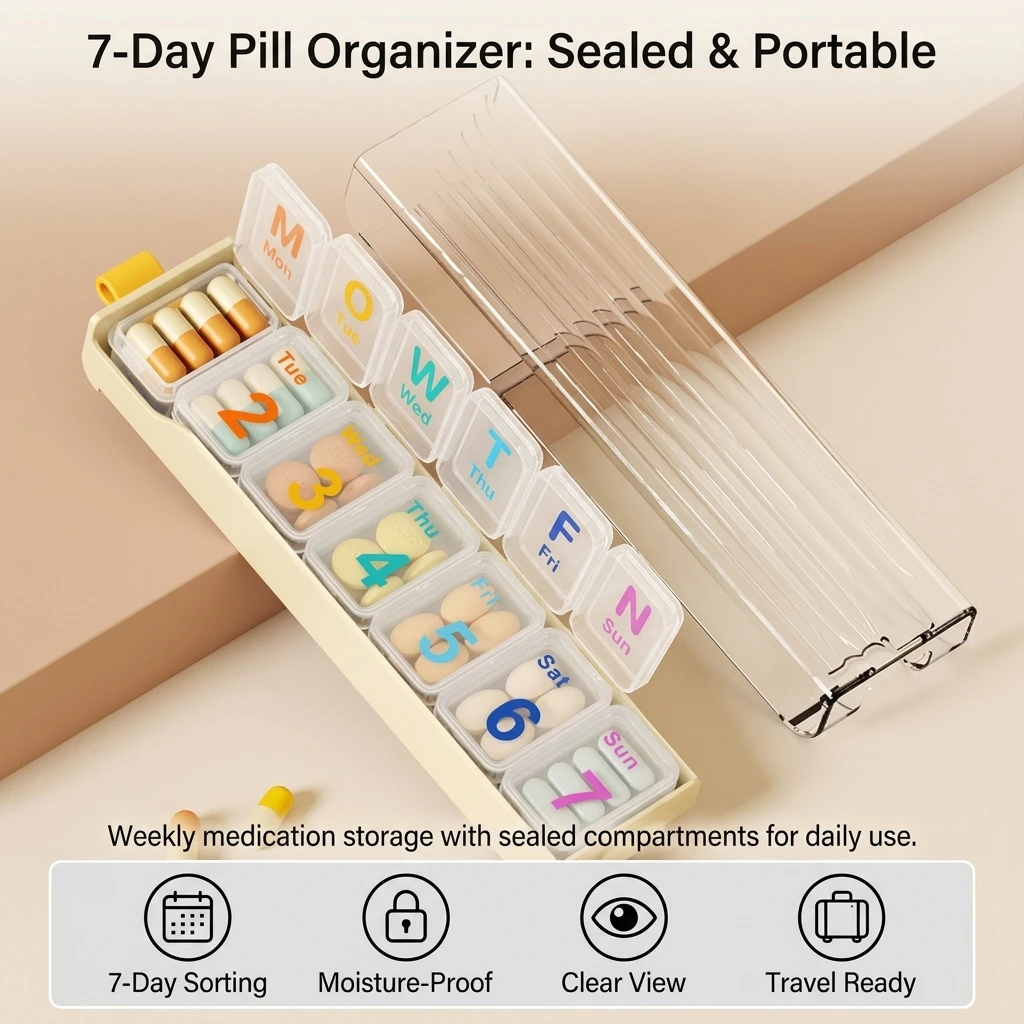 Weekly Pill Organizer - Portable, Moisture-Proof Travel Medication Storage Box