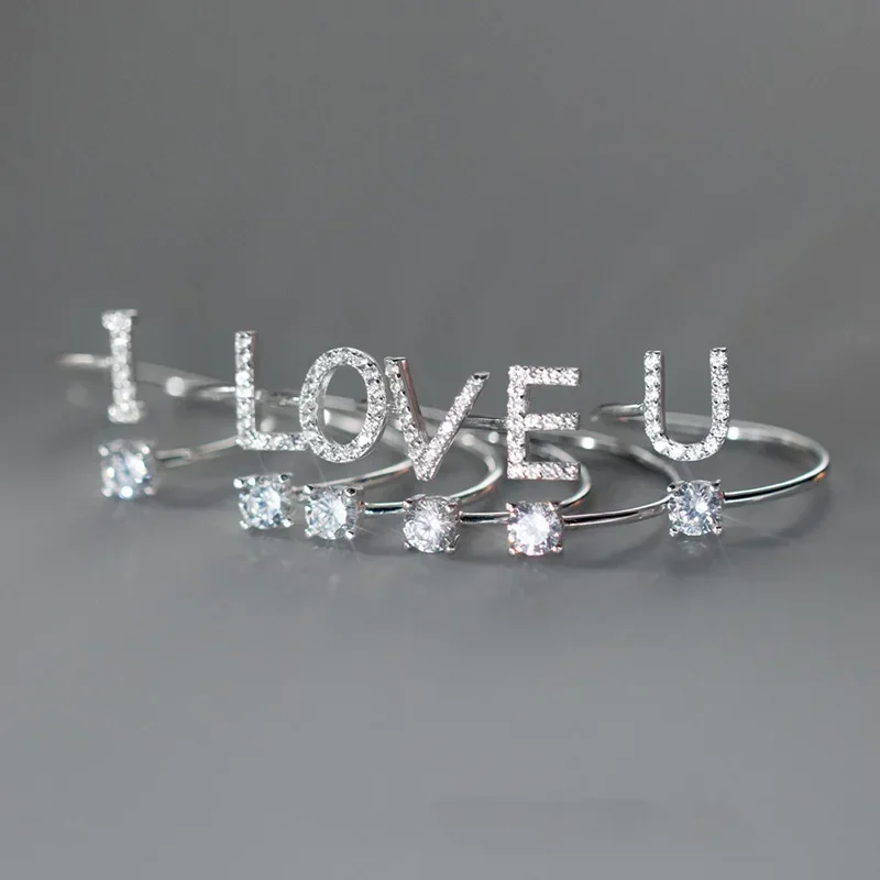 Women Wedding Party Jewelry 26 Letter Clear CZ Opening Silver Rings for silver rings