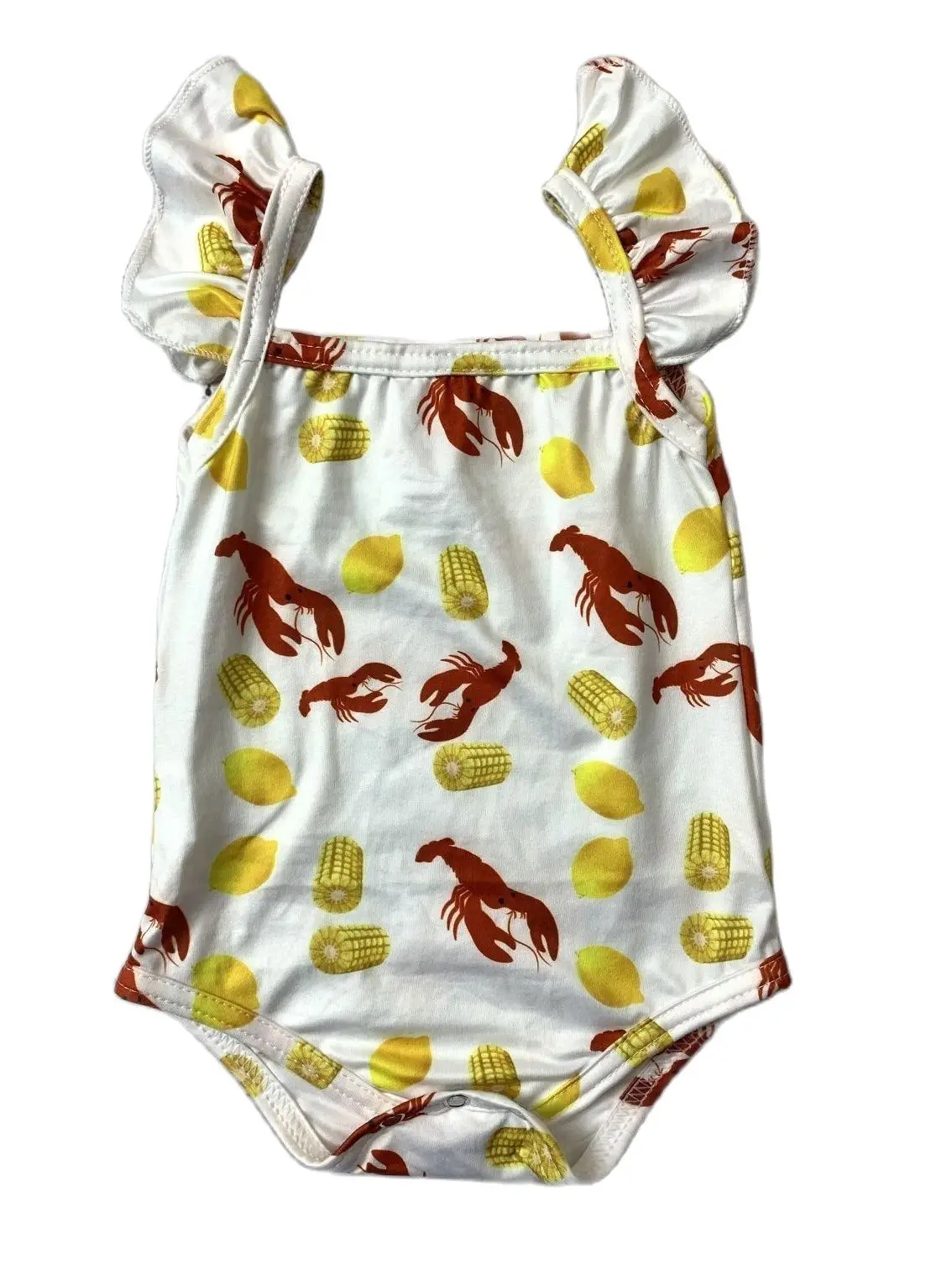 

Best Selling Cute Kids Clothes Little Girls Summer Crayfish Yellow Hidden Button Onesie