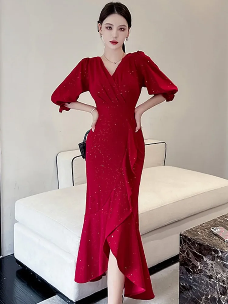 

Elegant Mermaid Dress Women Spring Autumn New V-Neck High Waist Slim Midi Dresses Evening Party Bride Dresses Fashion Vestidos