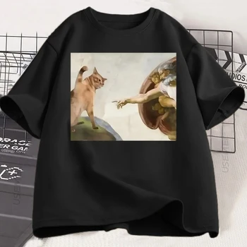 Funny Cat God Creation of Adam Meme T-Shirt Men Women Casuals Short Sleeve Jesus T Shirt O-Neck Tshirt Vintage Tees Harajuku 1