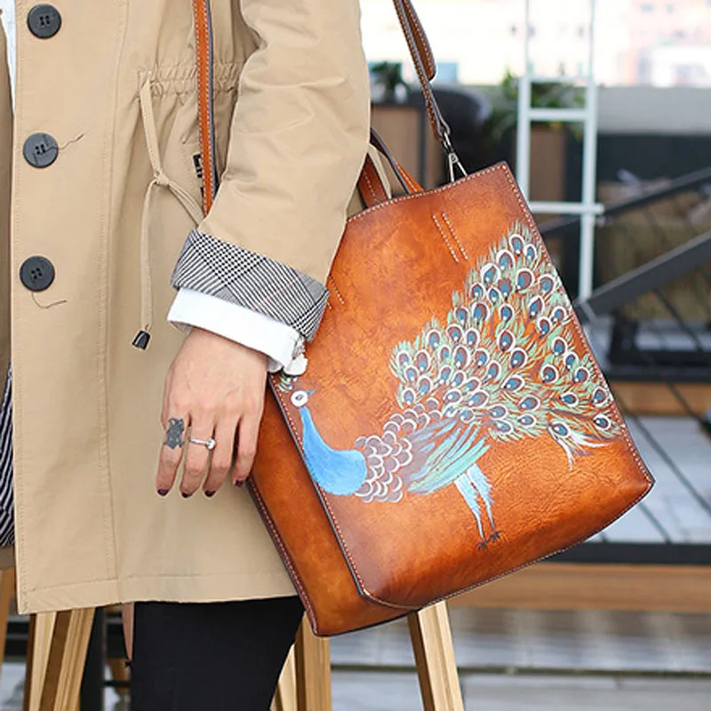 

EUMOAN New vintage leather handbag for women Hand-painted animal Tote bag for women