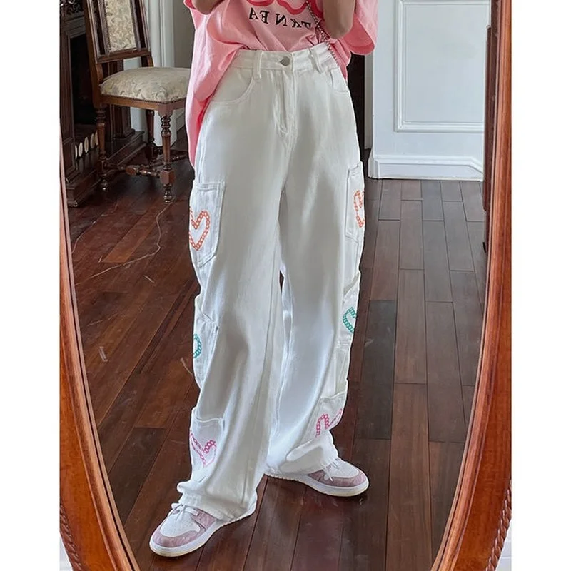  Korean Streetwear White Baggy Jeans Women Letter Embroidery Pockets Cargo Pants Autumn Fashion Wide Leg Trousers Female