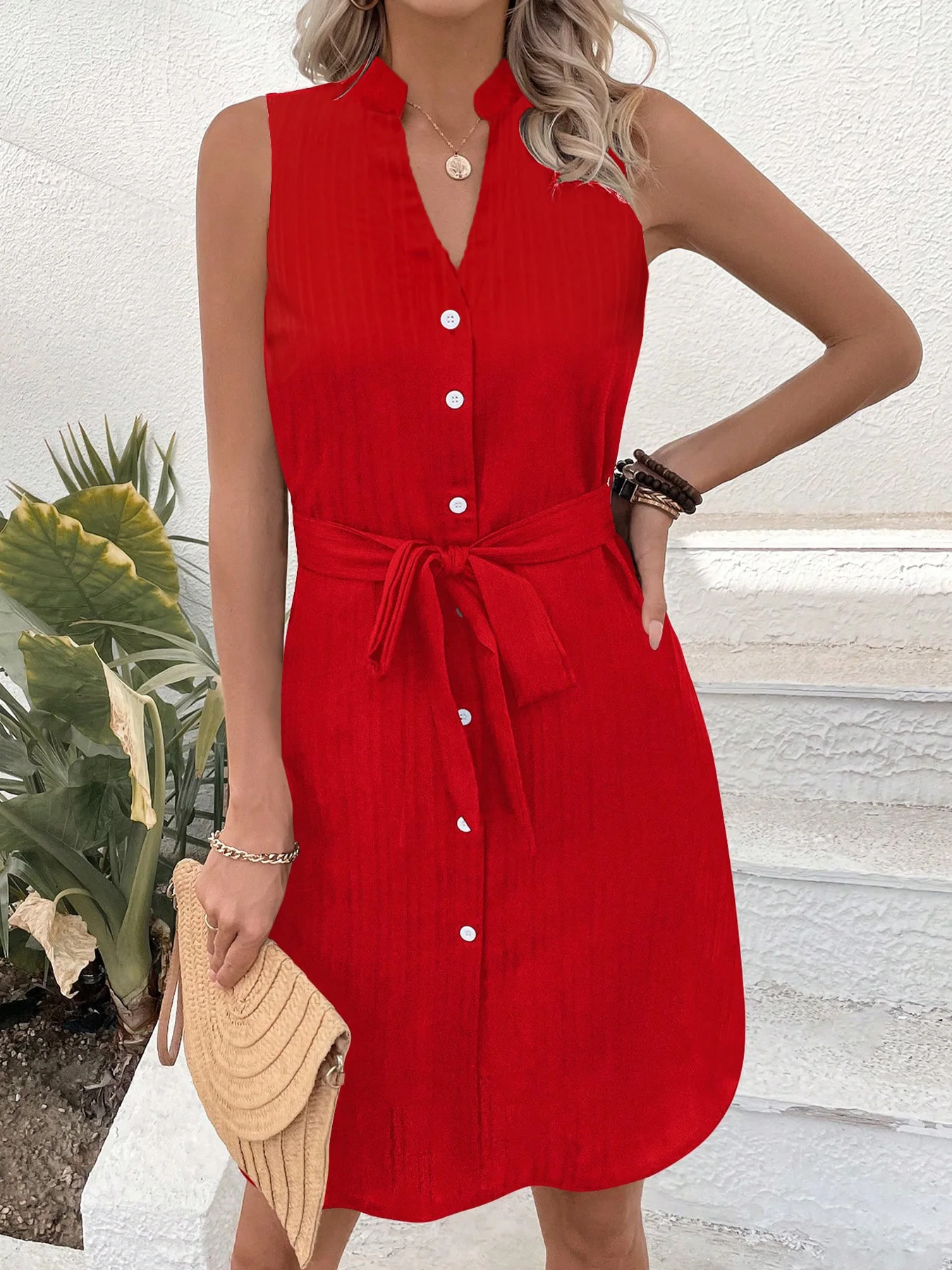 Women's Summer Casual V-Neck Sleeveless Red Midi Dress Button-Front S3413601d4d5f4af9b8ad1108404fcd61d