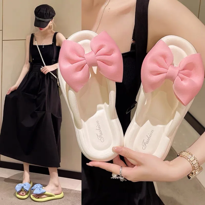 Fashion Summer Plus Size One-line Solid Color Bow Flat Sandals Outdoor Beach Slippers Elegant Women Shoes 2024
