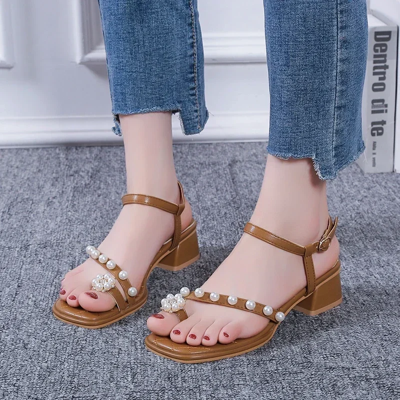 

Женские босоножки на ремешке с пряжкой, босоножки с бусинами на ремешке, модные классические сандалии, женские Босоножки с открытым носком на каблуке, Лидер продаж, 2024