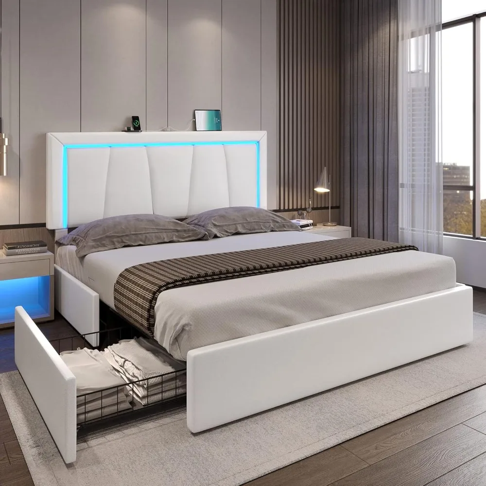 

DICTAC Bed Frame Queen Size with 4 Storage Drawers and LED Lights Faux Leather Upholstered Queen LED Platform Bed Frame