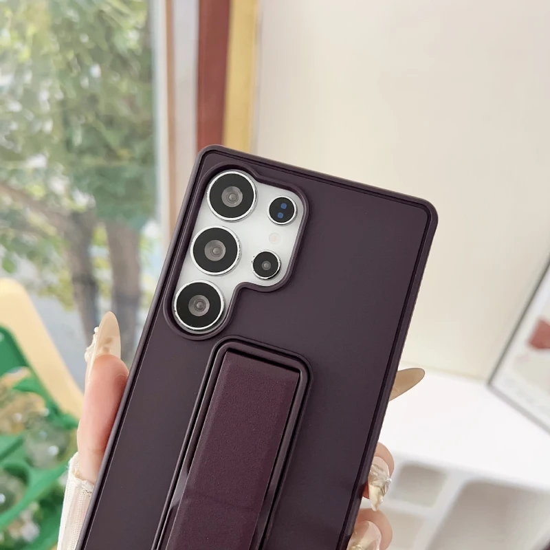 Luxury Solid Color Matte Metal Ring Phone Case with Push-Pull Bracket and Bumper Back Cover