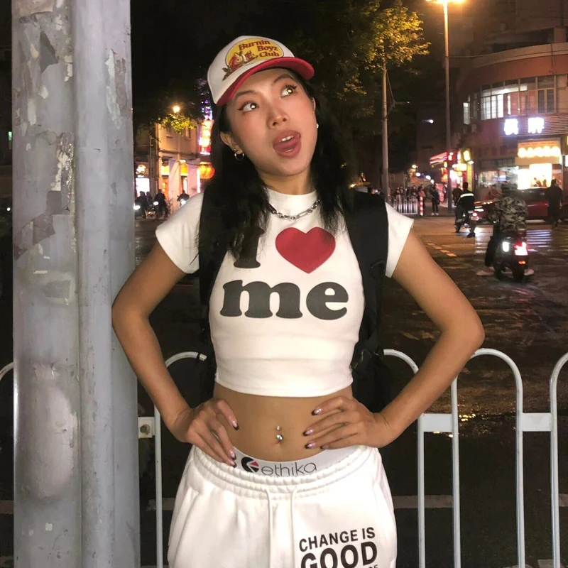 I Love ME 편지 인쇄 Y2K 하라주쿠 자르기 탑 티셔츠 여름 여성 의류 섹시한 티셔츠 빈티지 2000 년대 반팔 자르기 탑