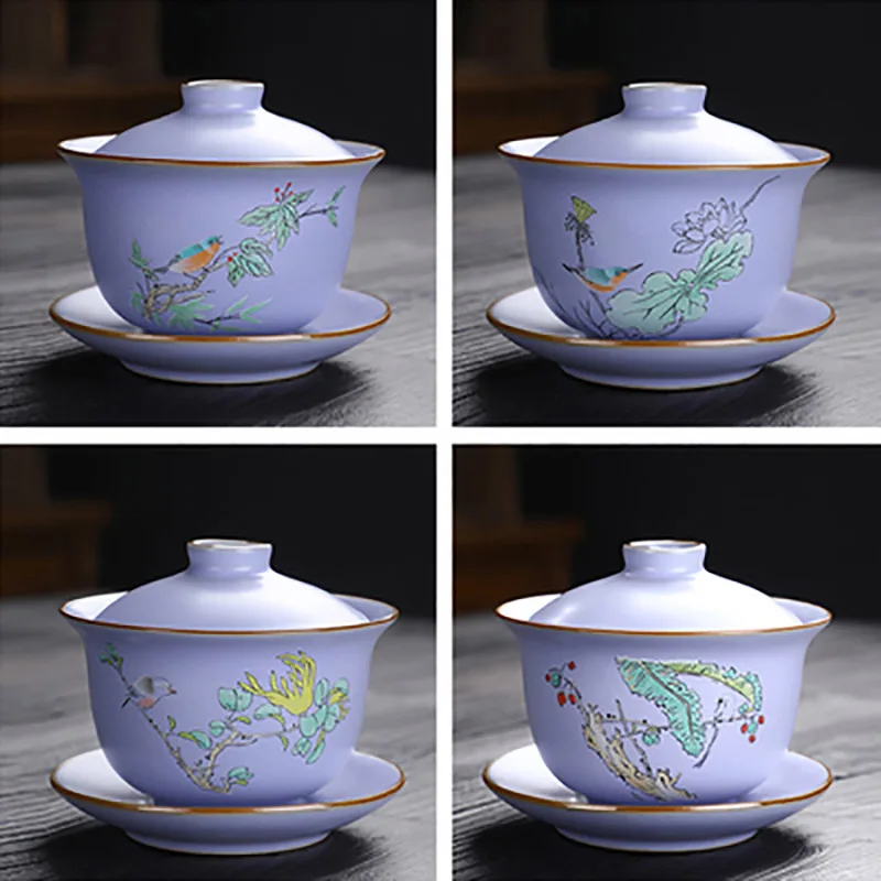 Traditional Ru Kiln Ceramic Tea Bowl, Tea Cups with Saucer, Travel Portable Gaiwan, Home Tea Ceremony Set, Drinkware, 150ml