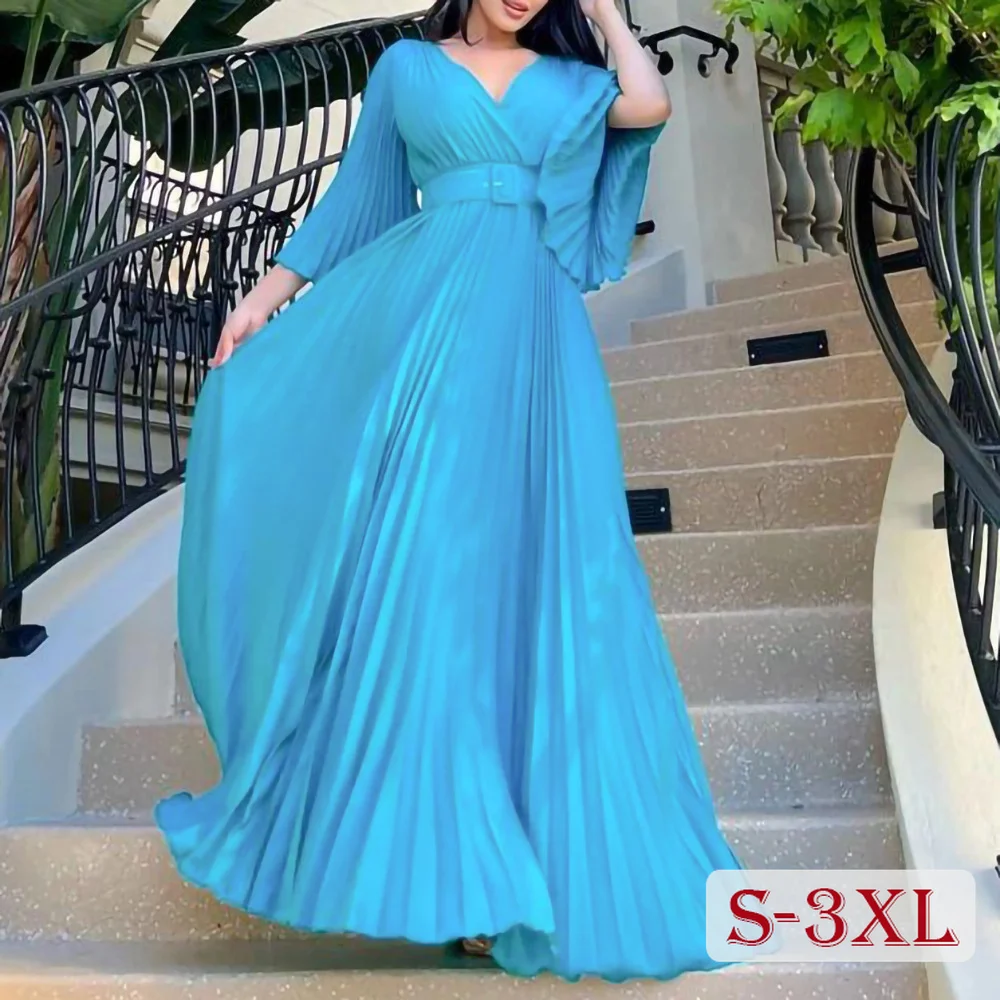

Elegant Plus Size Maxi Dress for Women, Draped , Stright Lady Party Dress with Belt, Wide Sleeve, Female Dresses, Spring,
