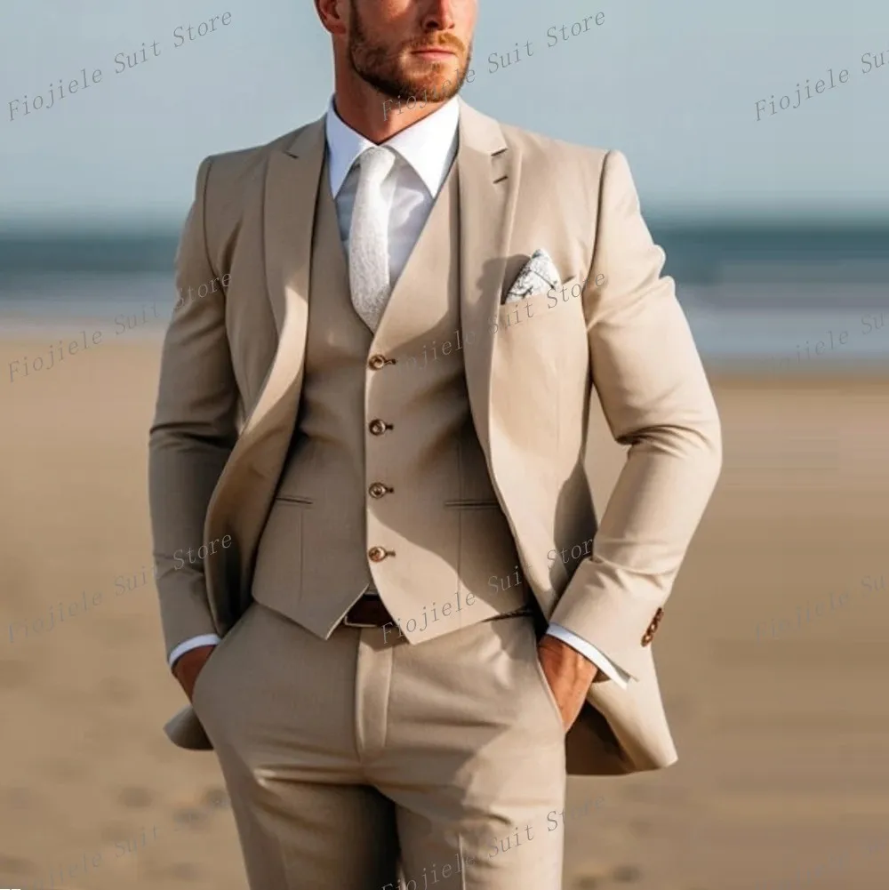 

Khaki Men Suit Groom Groomsman Wedding Party Prom Formal Occasion Business Male Tuxedos 3 Piece Set Jacket Vest Pants