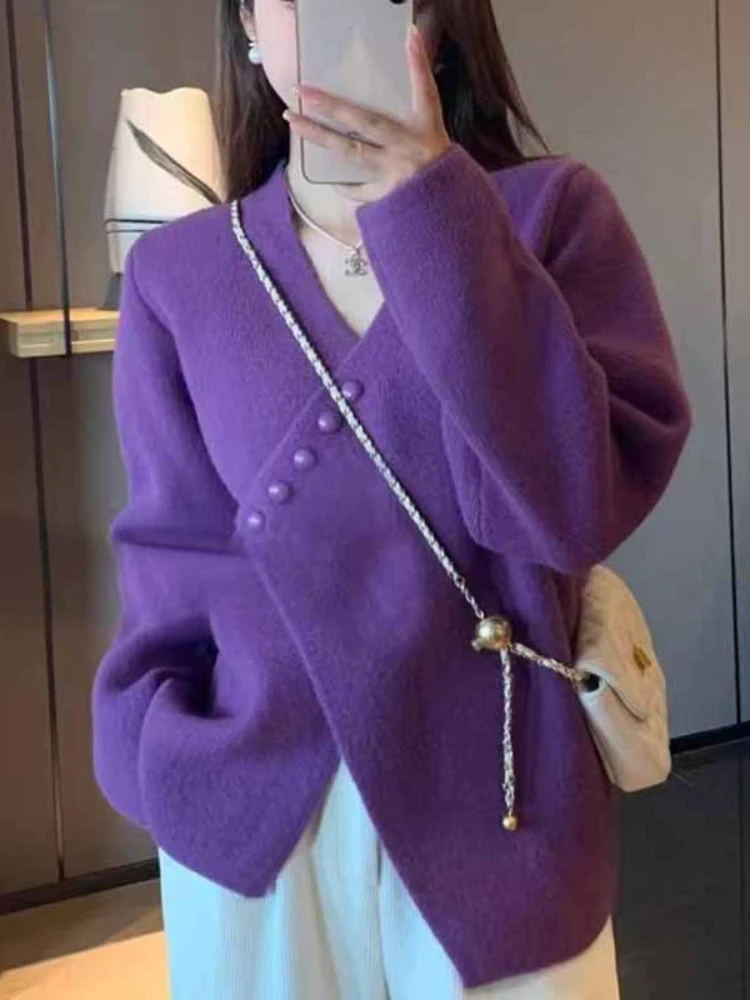 

Women's Sweater Korean Fashion V-Neck Knitwears Office Lady Long Sleeve Top Oversized Sweater Vintage Loose Pullovers Cardigan
