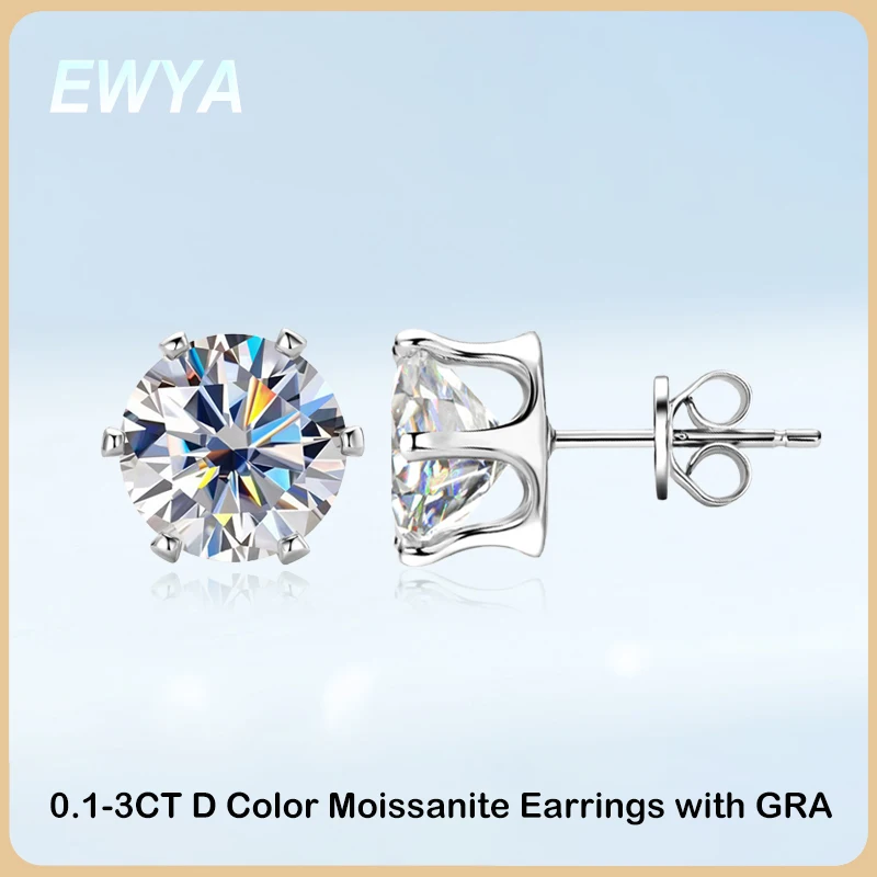 EWYA 스파클링 리얼 모이사나이트 스터드 귀걸이, 여성 및 여아용, S 도금, 18K 다이아몬드 귀걸이, 0.1-3CT, D 컬..