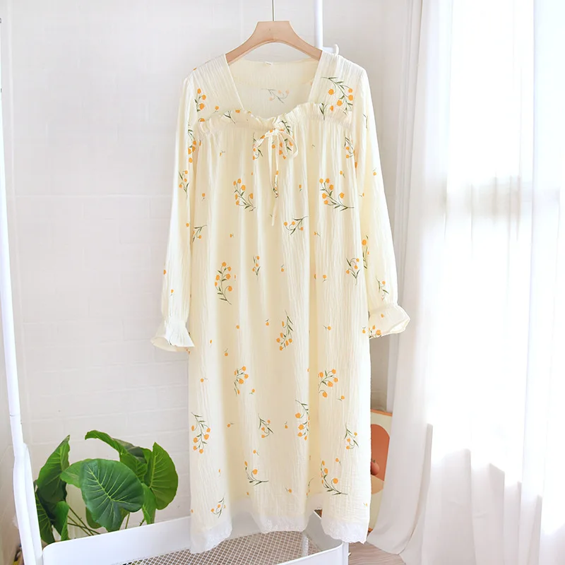Spring and summer 2024 new women's nightdress 100% cotton long-sleeved skirt square neck lovely flower large household skirt