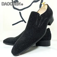  LUXURY BRAND MEN'S CASUAL SHOES BLACK RHINESTONES SUEDE LEATHER MENS DRESS SHOES SLIP ON WEDDING OFFICE LOAFERS FOR MEN 