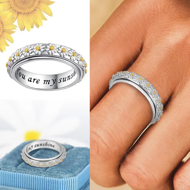 2025 New Rotatable Rotated Women Rings Stainless Steel Daisy Sunflower Anti Stress Ring for Girls Boho Fashion Jewelry Gift