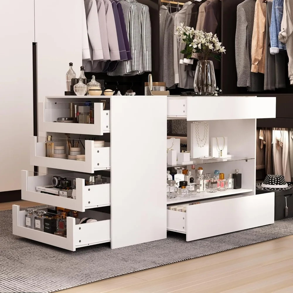 Display Cabinet Island with Glass Top and Front, Walk in Closet Organizer with 7 Drawers and 2-Tier Shelf, Shop Display Case 2