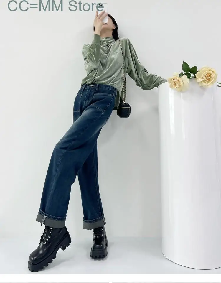 New Vintage Baggy Denim Pants for Women Korean High Waist Pockets Wide Leg Trousers Office Ladies Fashion Summer Jeans
