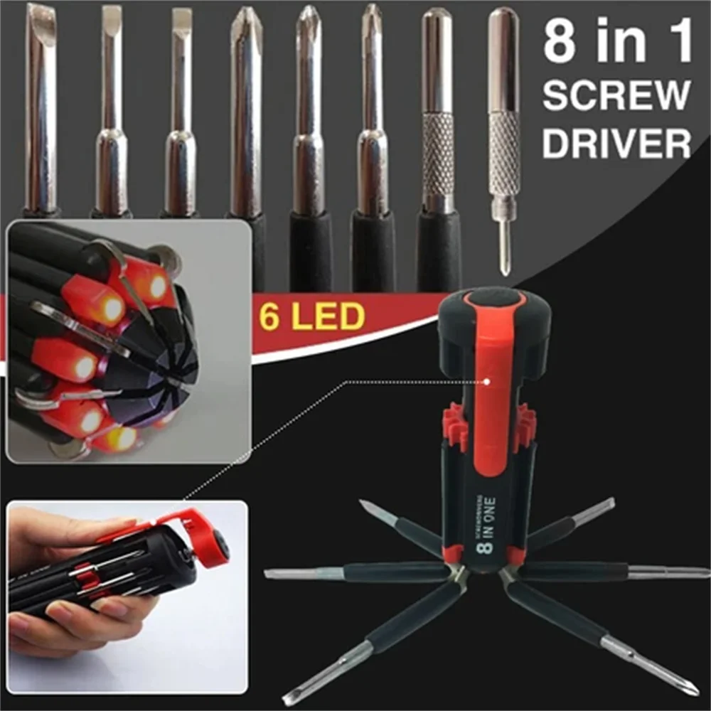 8 In 1 Slotted Phillips Screwdriver With LED Light Pocket Screwdriver Kit Multi function Precision Mobile Phone Repair Hand Tool