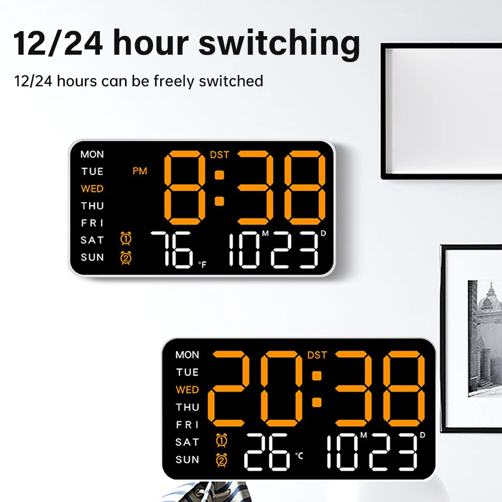 Large Digital Wall Clock Temperature Date Week Display 12/24H LED Alarm Clock Brightness Adjustment for Bedroom