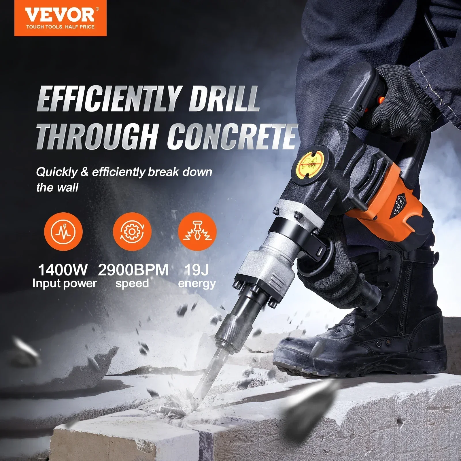 VEVOR 1400W Demolition Jack Hammer Electric Jackhammer Heavy Duty 2900 BPM Concrete Breaker 2pcs Chisels Bits Chipping 2