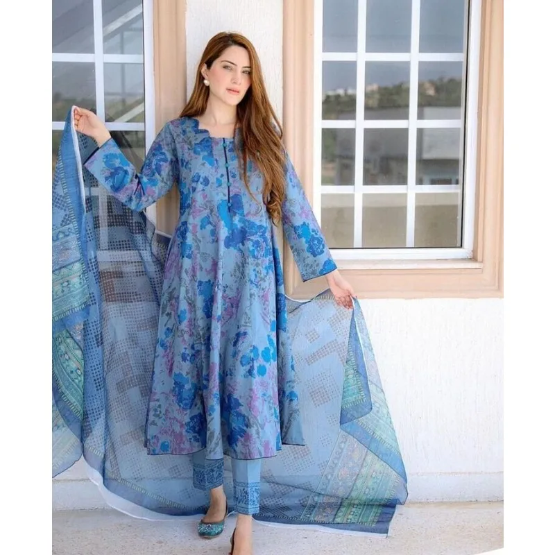 

Salwar Kameez Handmade Blue Cotton Printed Straight Kurti Pant Dupatta Set