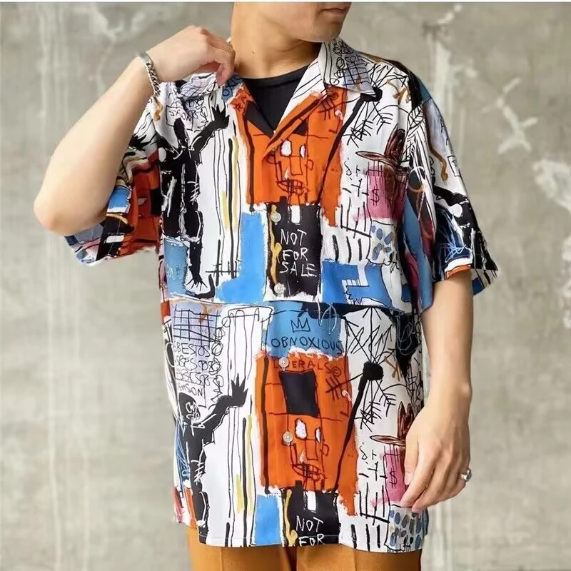 

Casual Graffiti WACKO MARIA Short Sleeve Men Women High Quality Fashion Summer Streetwear Style Top Tees Hawaiian Shirts