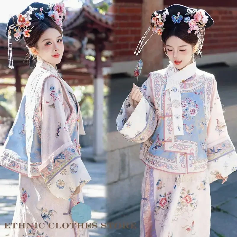 Chinese Hanfu Qipao Qing Dynasty Princess Gege Cheongsam Dress Printed Fower Ancient Clothes Folk Dance Dress Cosplay Costume