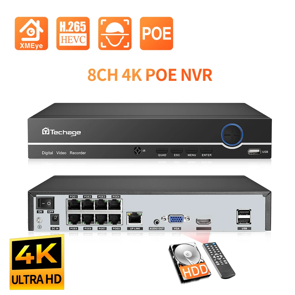 Techage H.265 4K 8CH PoE NVR 2MP 3MP 5MP 네트워크 하드 디스크 비디오 레코더, PoE IP