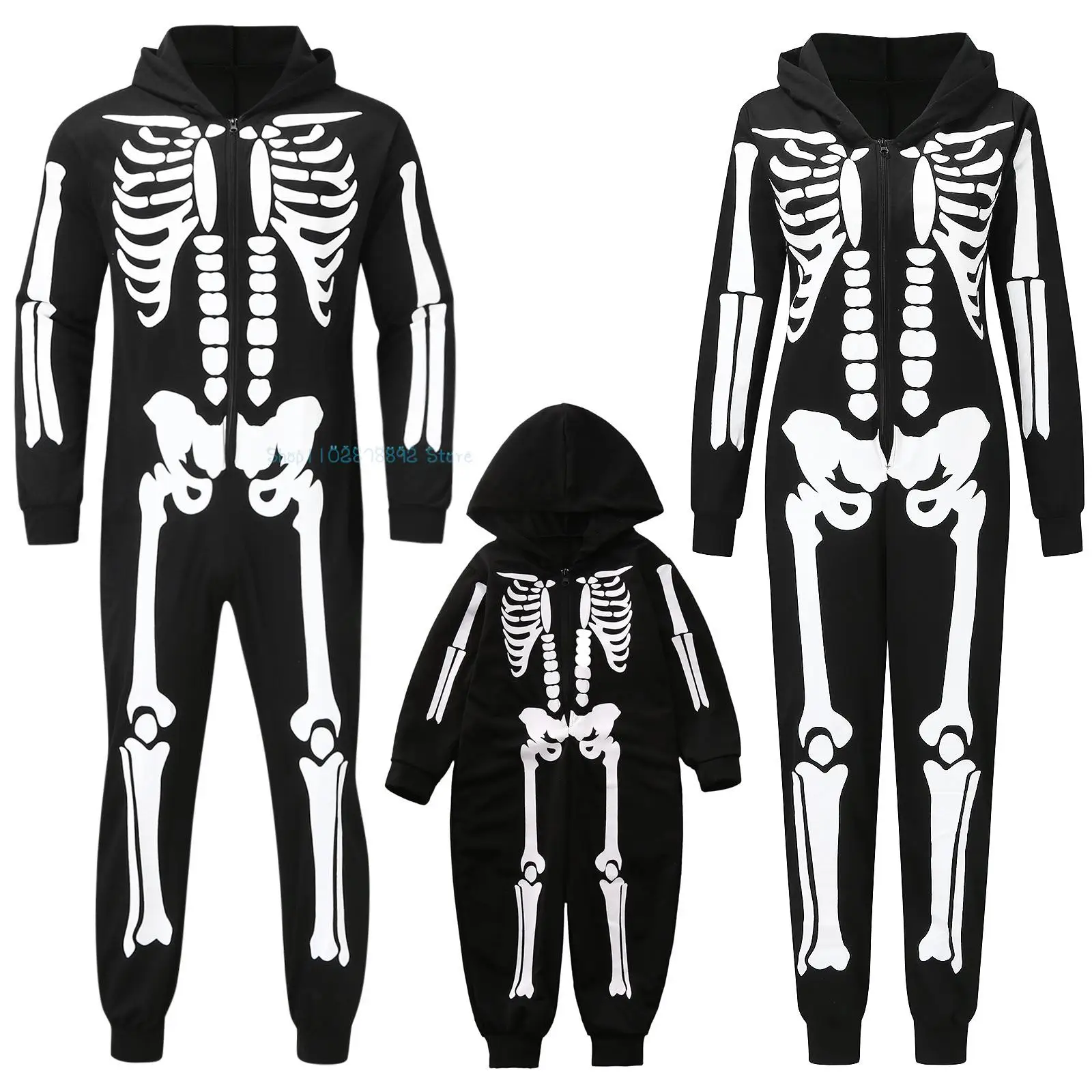 

Halloween Family Costume Skeleton Print Hooded Jumpsuit Pajama Halloween Family Matching Mom Dad Kids Halloween Theme Party Suit