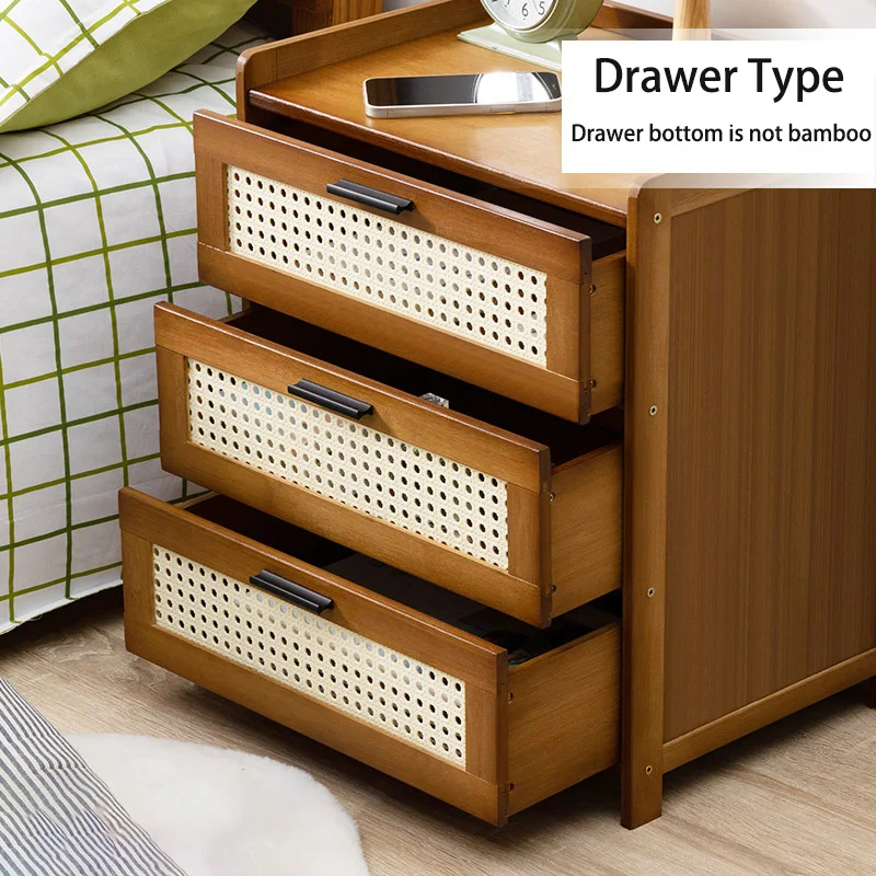 Bamboo Bedside Table Nordic Living Room Cabinet Bedroom Nightstand Shelves Rattan Weaving Modern Storage Cupboard with Drawer