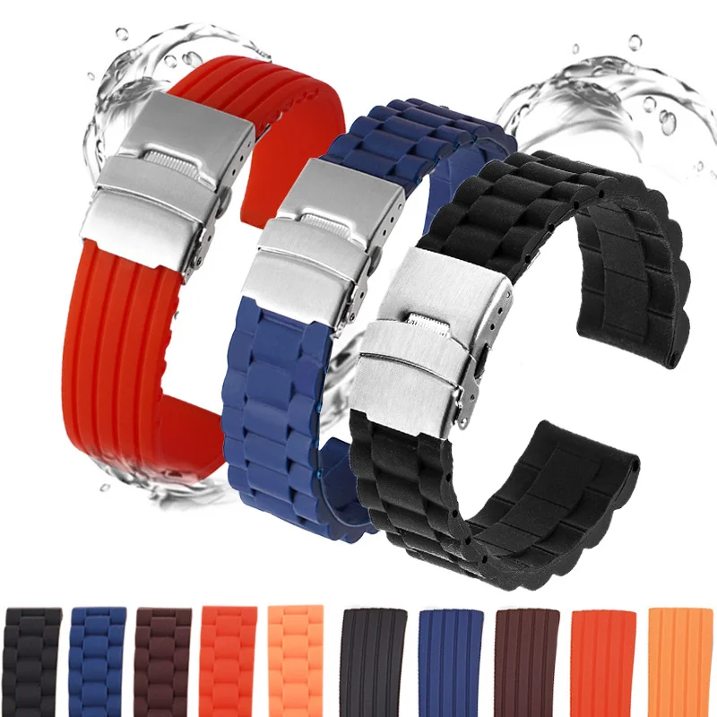 

Unisex Silicone Folding Buckle Smart Watch Strap 16mm 18mm 20mm 22mm 24mm Rubber Link Bracelet Wrist Strap Watch Accessories