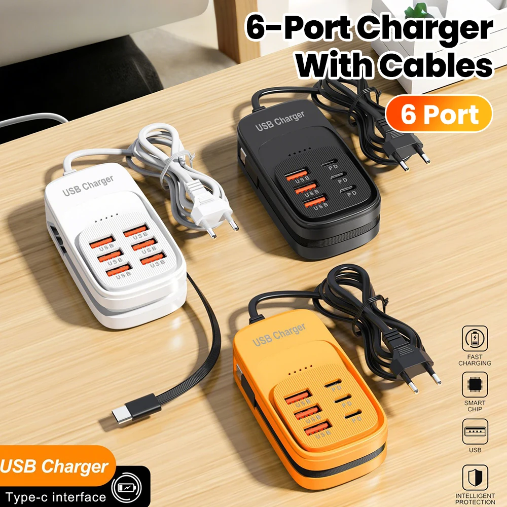 6 Ports Charger 1m USB+Type-C PD Fast Charging Phones Adapter With Type-C Cable For iPhone Xiaomi Samsung Huawei POCO Cellphones