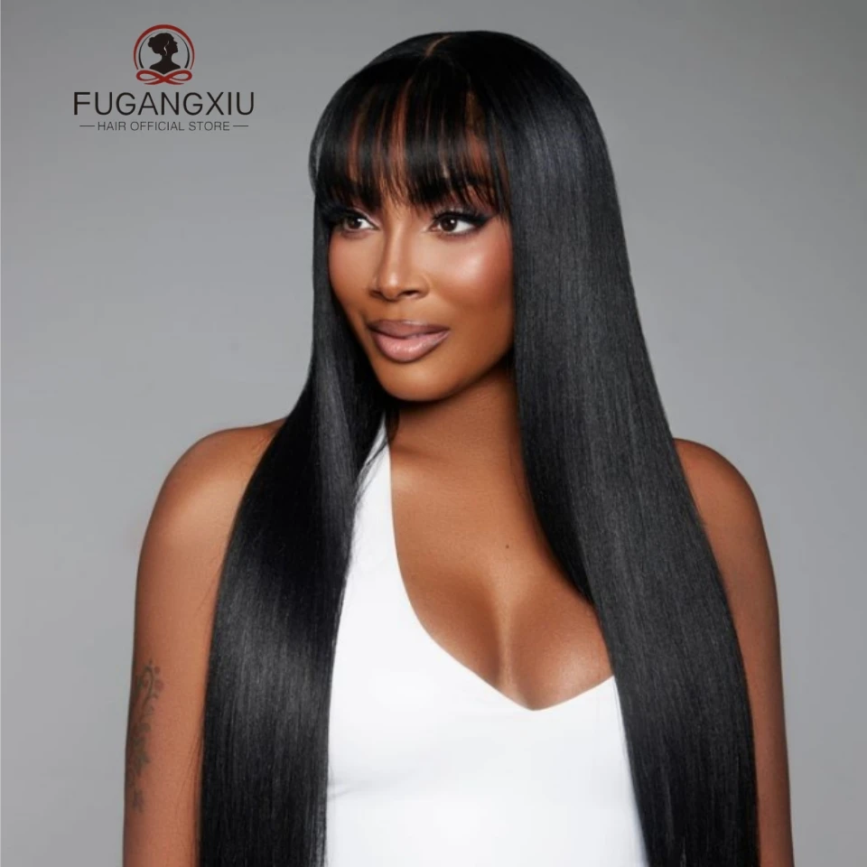 Peruvian 30 Inch Straight Full Machine Made Wig with Bang 180% Natural Human Hair Wig For Women Pre-Plucked Remy Hair Cheap Wig