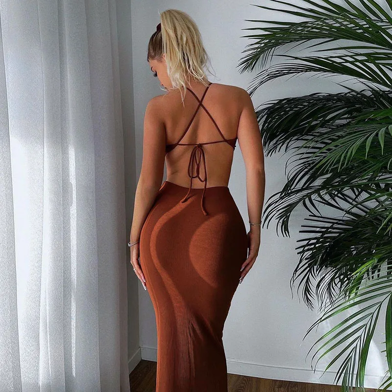 Maxi Dress Ribbed Lace up Women Sexy Solid Sleeveless Backless Body-Shaping  Cut Out Skirt Party Clubwear Female Vestidos - AliExpress