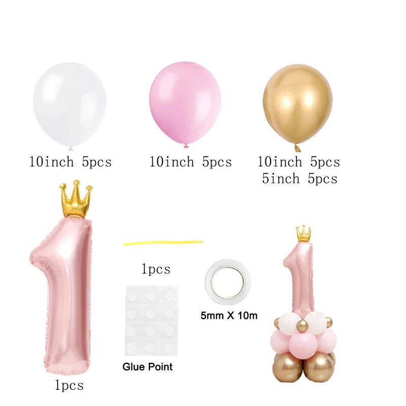 핑크 크라운 번호 호일 풍선 1 생일 파티 장식 어린이 소녀 소년  첫 1 년 기념일 글로브 용품