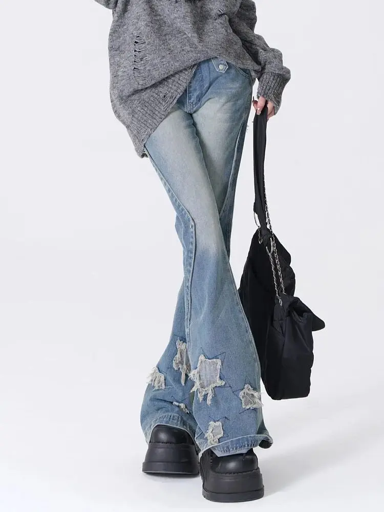 Calça jeans azul Y2k Star Flare feminina, calça de vaqueiro