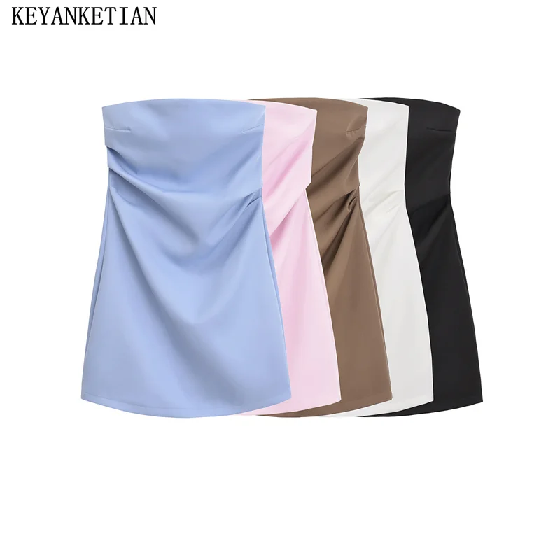 

KEYANKETIAN 2024 New Launch Women pleating Decoration Corset Mini Dress Spring Fashion Elegant Slash neck Short Strapless Dress