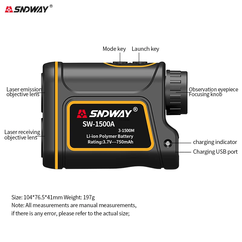 SNDWAY-telémetro láser monocular para caza, medidor de distancia láser, cinta métrica digital, 600m, 1000m, 1500m