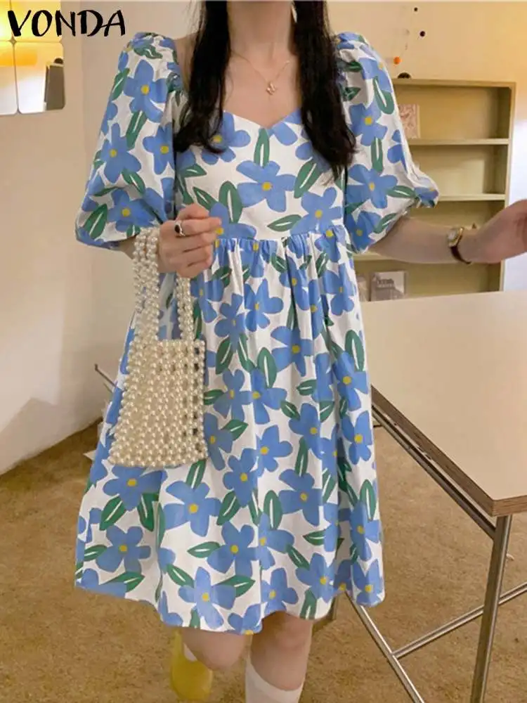 

VONDA Bohemian Casual Mini Dress For Women Summer Beach Sundress Floral Printed Vintage V-Neck Half Sleeve Holiday Short Vestido
