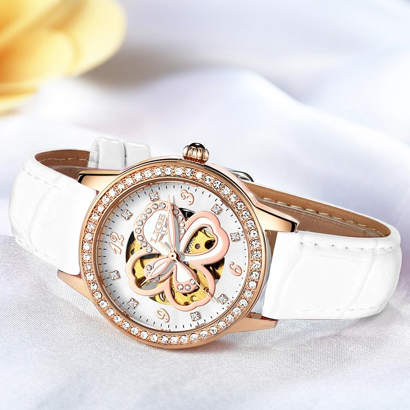 Sunkta 2023 New Women Quarzt Watches Diamond Four-leaf Clover WristWatches Ladies White Leather Watch Waterproof Reloj Muje Gift