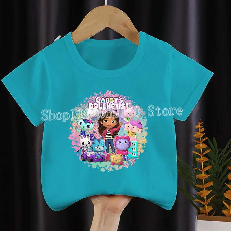 Gabby Dollhouses Bambini Girocollo T-Shirt Bambini Manica Corta Topper Ragazze Anime Cotone Abbigliamento Ragazzi Cartoon Summer Tees Gift